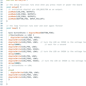 Our final circuit allowed the lights to toggle on and turn on one by one when the button is pressed. After discussing with Steve, I learned that to make the light turn on and off using the button, a spearate function would need to be created to turn the light sequence on and off.