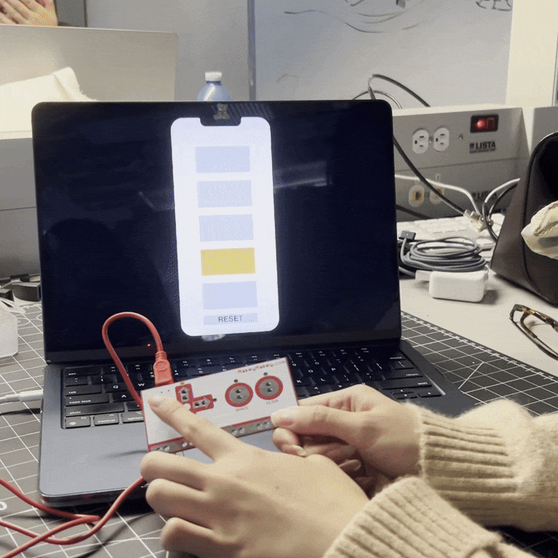 We tested using the MakeyMakey with a Protopie example. We did not have the right adpater with us to connect the MakeyMakey directly to our phones, so next time we can try that like in the example with an iPad.